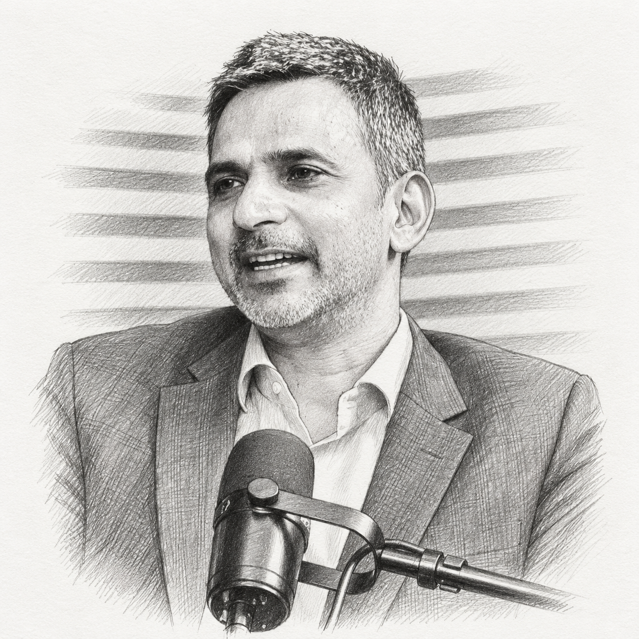 Pencil sketch of Sandeep Khomne speaking in a podcast studio with a microphone